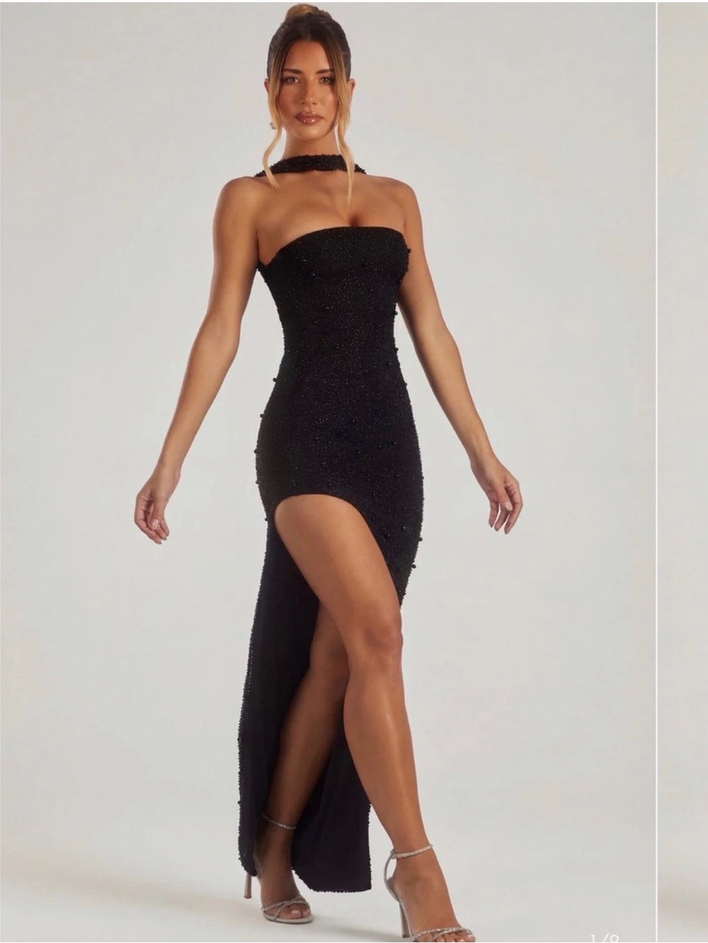 Oh Polly Black Strapless Beaded Evening Gown with High Slit